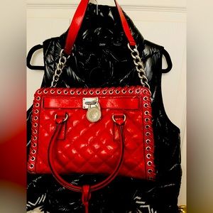 Red Michael Kors shoulder and handle bag all leather with silver chain